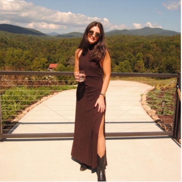 🆕 Whimsigoth Free People ATHEA Maxi Dress Brown Stretch Slip Sexy Slit Layer - Picture 3 of 15